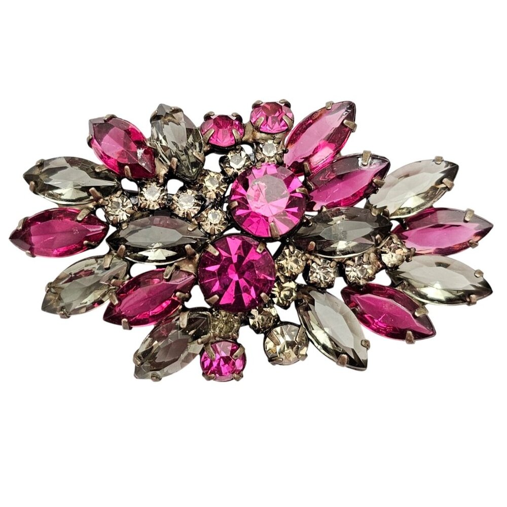 Pink Smoky Rhinestone Cluster Brooch Open Back Swag Pin C617